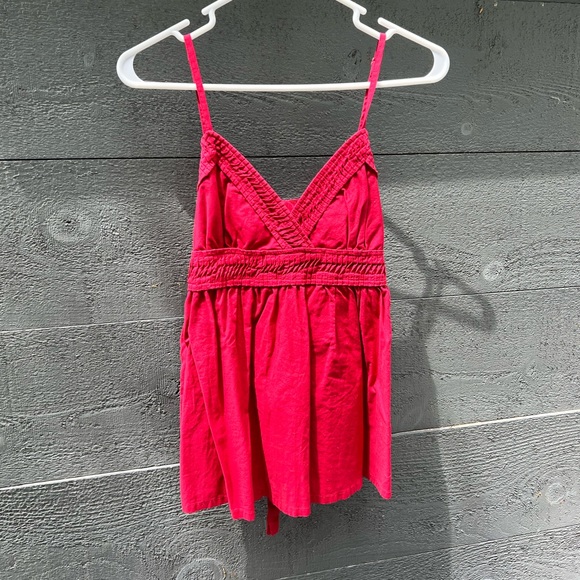 Deep red cotton tie back baby doll tank top medium w/ button detail fit n flare - Picture 6 of 9